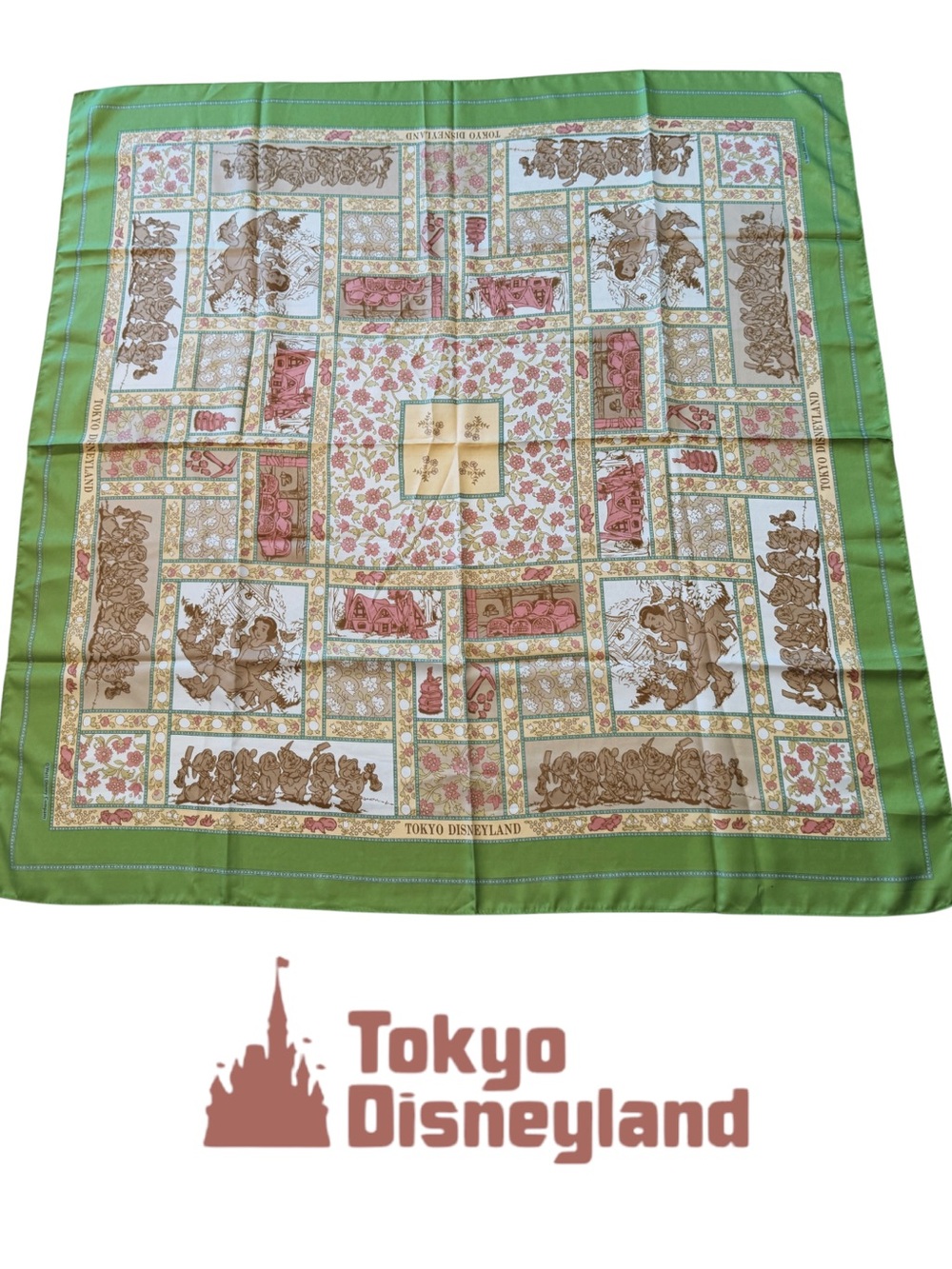 Vintage Tokyo Disneyland Snow White Silk Feel Scarf Bandana 35x36” Rare Retro